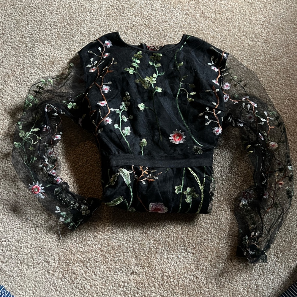 Flower-Embroidered Black Dress